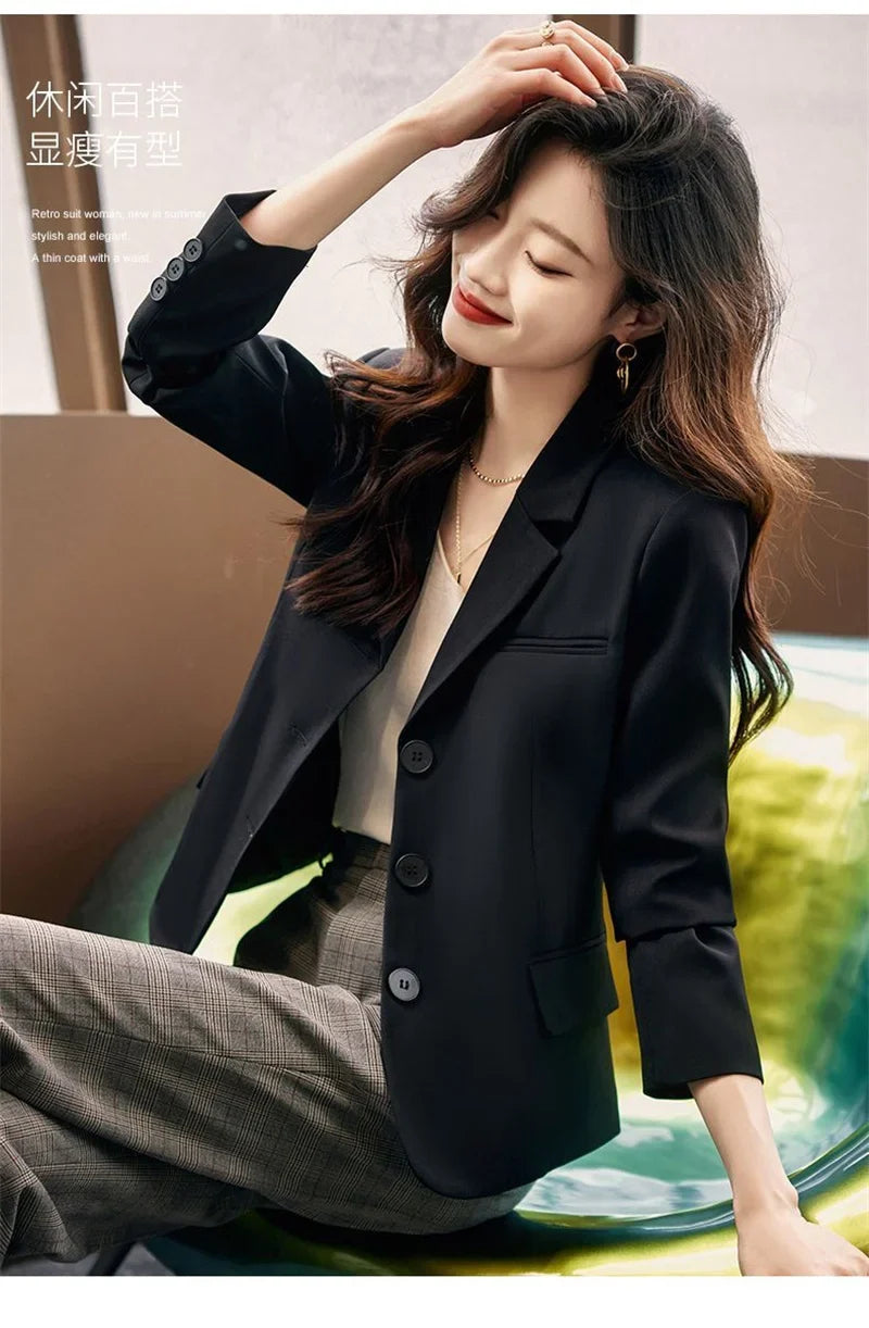 Coffee Small Blazer Jacket Spring Autumn Women Short Suit Coat Korean Casual Long Sleeve Single Breasted Blazers Solid Short Top
