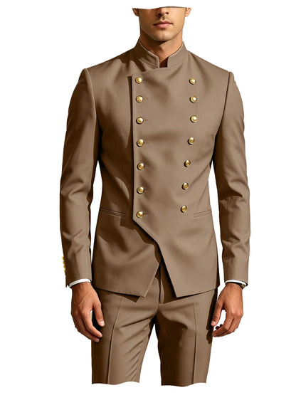 Men's Double Breasted Stand Collor Suit 2 Pieces Blazer Pants Set Slim Fit Business Casual Suit Jacket Formal Wedding Tuxedo