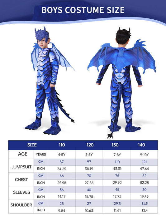 The Frost Blue Dragon Knight Jumpsuit for Kids, Halloween Carnival Theme Party Costume with Wing Tail Mask