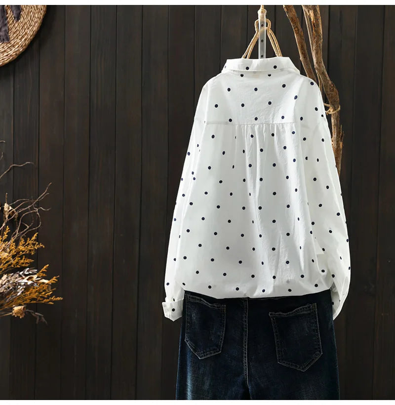 2026 Korean style clothes women spring cotton white polka dot print shirts long sleeve blouses Middle-aged women's clothing