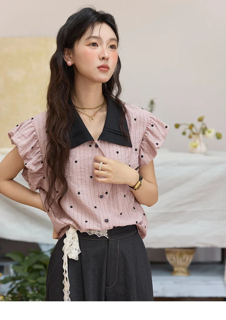 Summer Office Lady Blouses Women 2025 Short Sleeve Turn-down Collar Polka Dot Shirts Female Fashion Slim Tops MXE31C0776