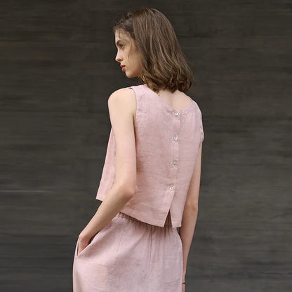 100% Linen Reversible Wear Crop Tops Women Solid Color Summer New Office Ladies Vest Casual Simple Sleeveless Tank Top