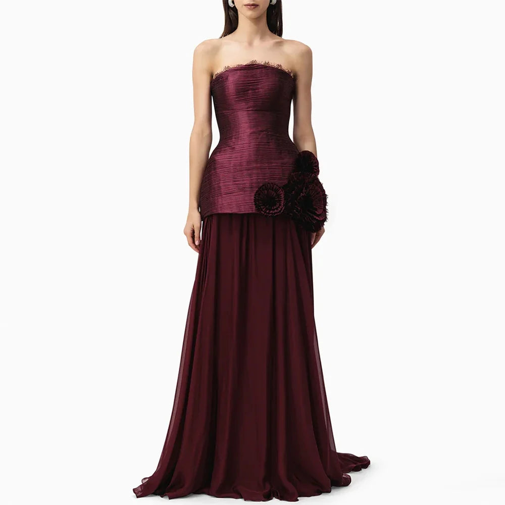 Burgundy Evening Dress Customized Strapless Sleeveless Zipper Back Party Dresses 3D Handmade Flowers Special Occasion Gowns
