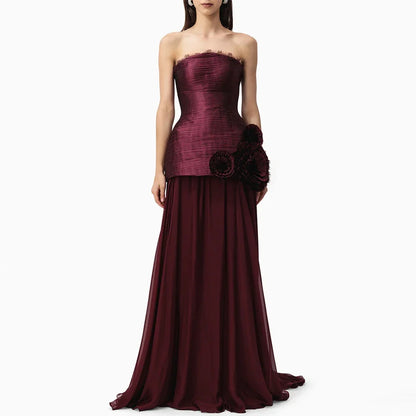 Burgundy Evening Dress Customized Strapless Sleeveless Zipper Back Party Dresses 3D Handmade Flowers Special Occasion Gowns