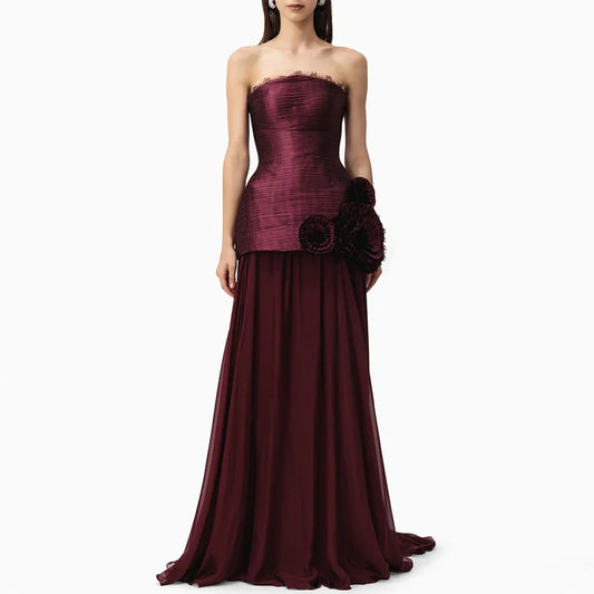Burgundy Evening Dress Customized Strapless Sleeveless Zipper Back Party Dresses 3D Handmade Flowers Special Occasion Gowns
