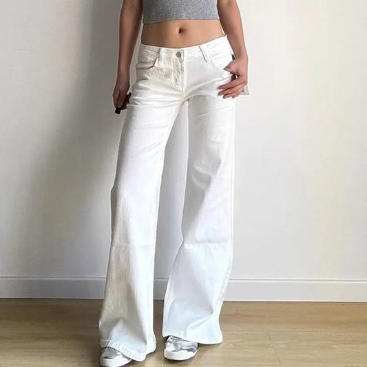 Normcore Y2K Baggy Basics 2000s Denim Trouser White Casual Minimalist Pants Women Street Retro Low Waist Solid Color Jeans
