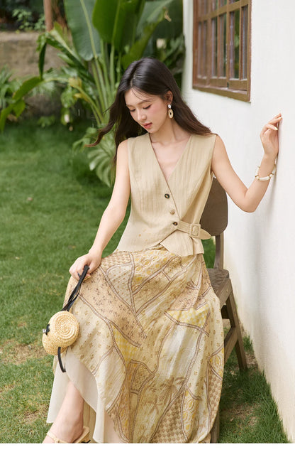 Women's Sleeveless V Neck Vest 2026 Summer Asymmetric Button Belted Waist Slim Solid Waistcoat Office Lady MXF27W1076