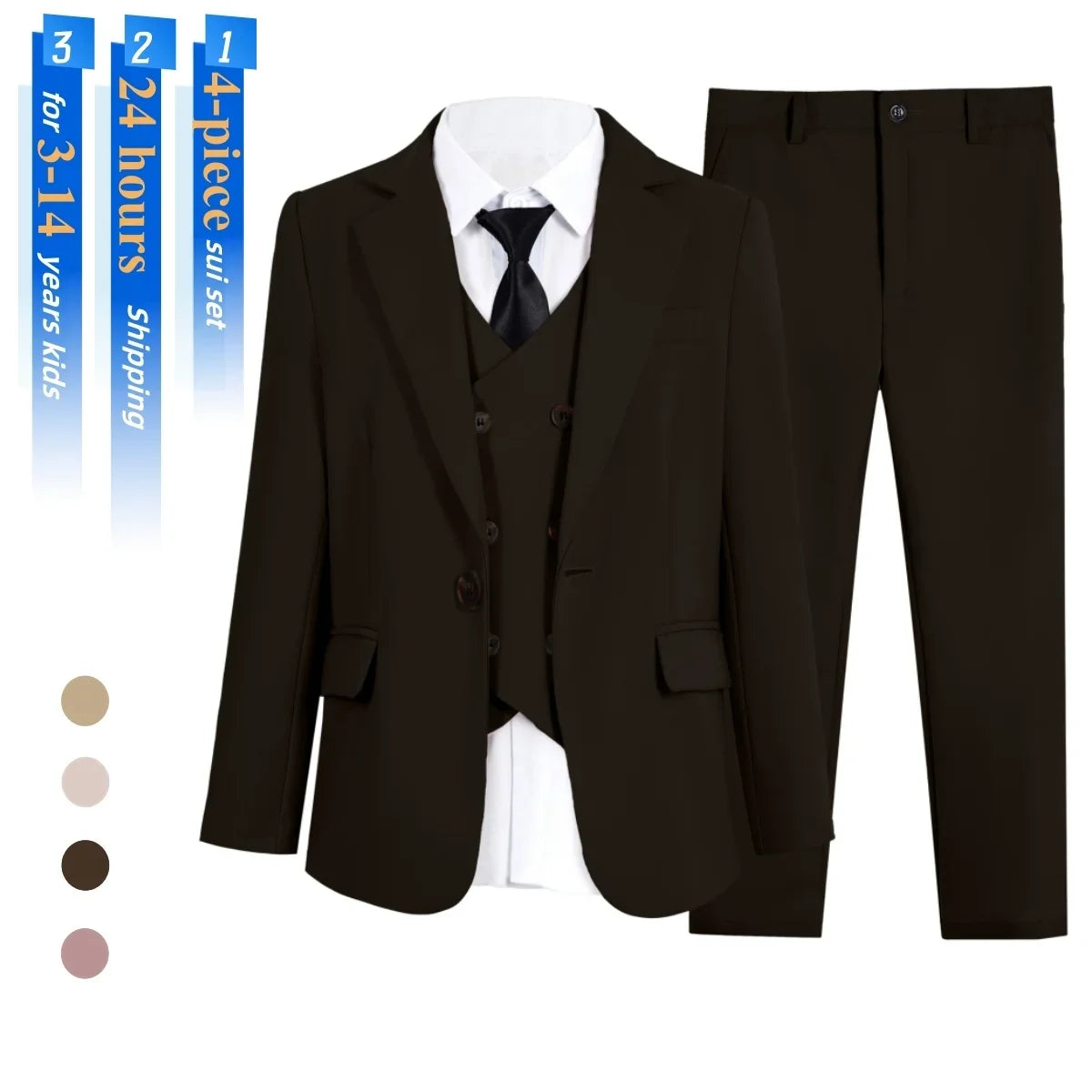 Kids Tuxedo Set 4PC | Jacket Vest Dress Pants Tie | Boys 3-14 | Pageant Party | Ships Today! Toddler to Youth 3-14 | Wedding