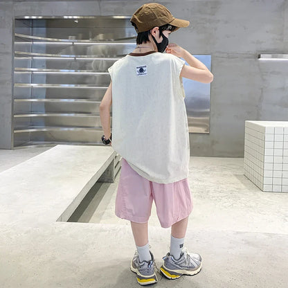Korean Kids New Summer Suit for Teen Boy Cotton Tshirt + Cargo Shorts 2 Pieces Clothes Set Child Letter Print Outfit Tracksuit