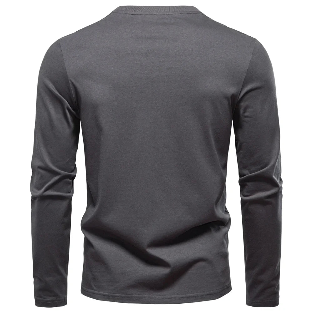 Men's 100% Cotton Henley T-Shirt Long Sleeve Solid Color with Fake Pocket Casual Comfortable Autumn Top
