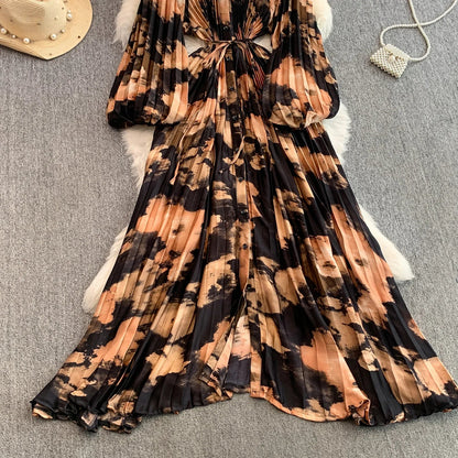 Ele Printed round Ne Lantern Sve Dr Women's Single Button Waist Cinch Maxi Skirt Long Dr Commute Sle Autumn