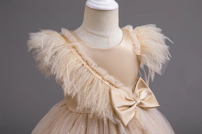 Summer Girls' New Bow Sequin Flying Sleeves Mesh Fluffy Skirt Piano Competition School Graduation Ceremony Dress