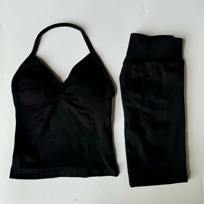 2 Pieces Set Leggings Set Women Backless Tank Tops High Waist Scrunch Gym Suit Fitness Clothes Outfit Workout Yoga Set