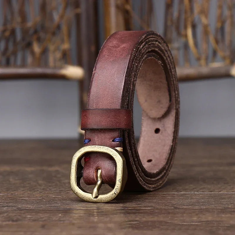 2.3CM Ladies Pure Cowhide Copper Buckle Genuine Leather Casual Jeans Thin Belt Women High Quality Retro Luxury Female Waistband