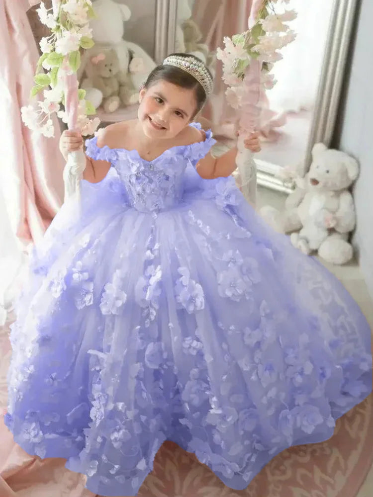 Pink 3d Applique Flower Girl Dress For Wedding Off Shoulder Luxurious Pearls Tulle Child First Eucharistic Birthday Party Dress