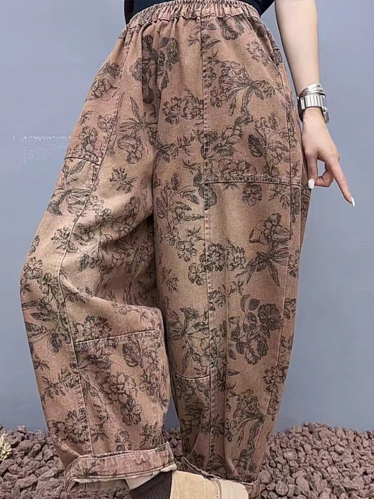 2025 Floral Spring Ladies Printed Classic Elegant Harem Pants Casual Fashion Jeans Vintage Loose Women Denim Trousers