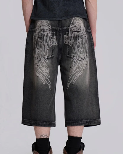 Cowboy shorts with rivet design and street wing pattern fashionable high waisted wide leg pants for Y2K knee length pants