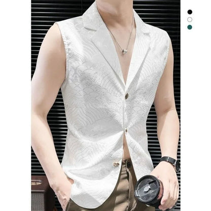 Man Suit Vest Vintage Printed Turn Down Collar Male Waistcoat Thin Slim Single-breasted Sleeveless Casual Men Vest