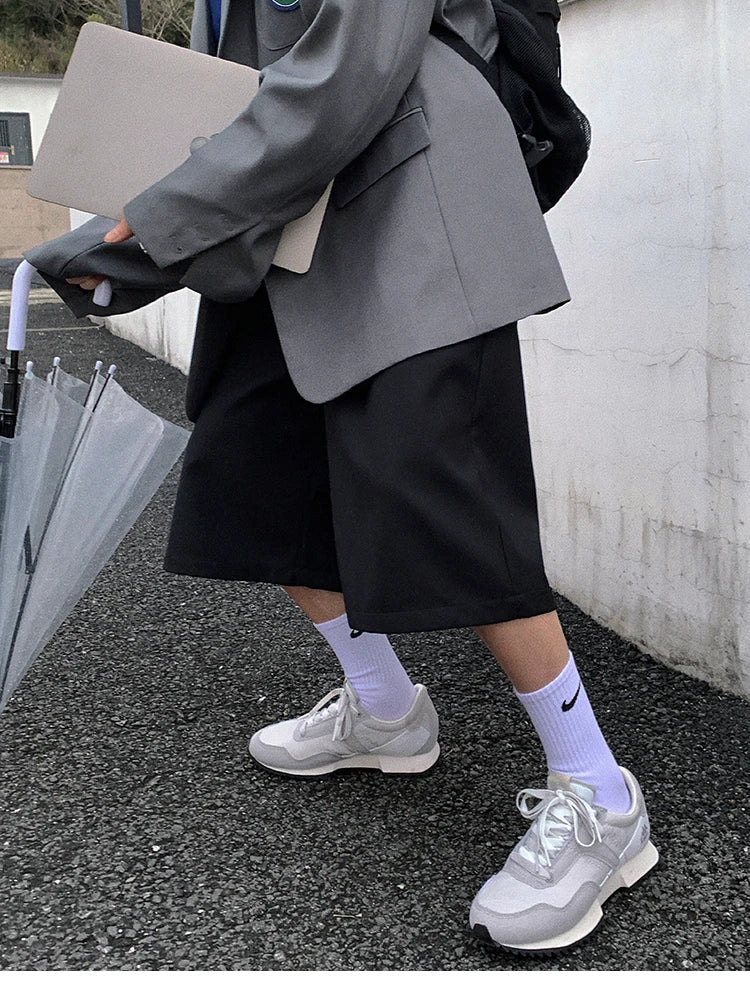 Spring Summer Loose Casual Soft Black Pleated Shorts for Men Mens with High Waist Short Straight Pants Clothes 2024