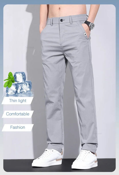 Ultra-thin Elastic Men's Casual Pants 2024 Summer Ice Silk Cotton Fashion Slim Straight Business Trousers Black Gray Khaki