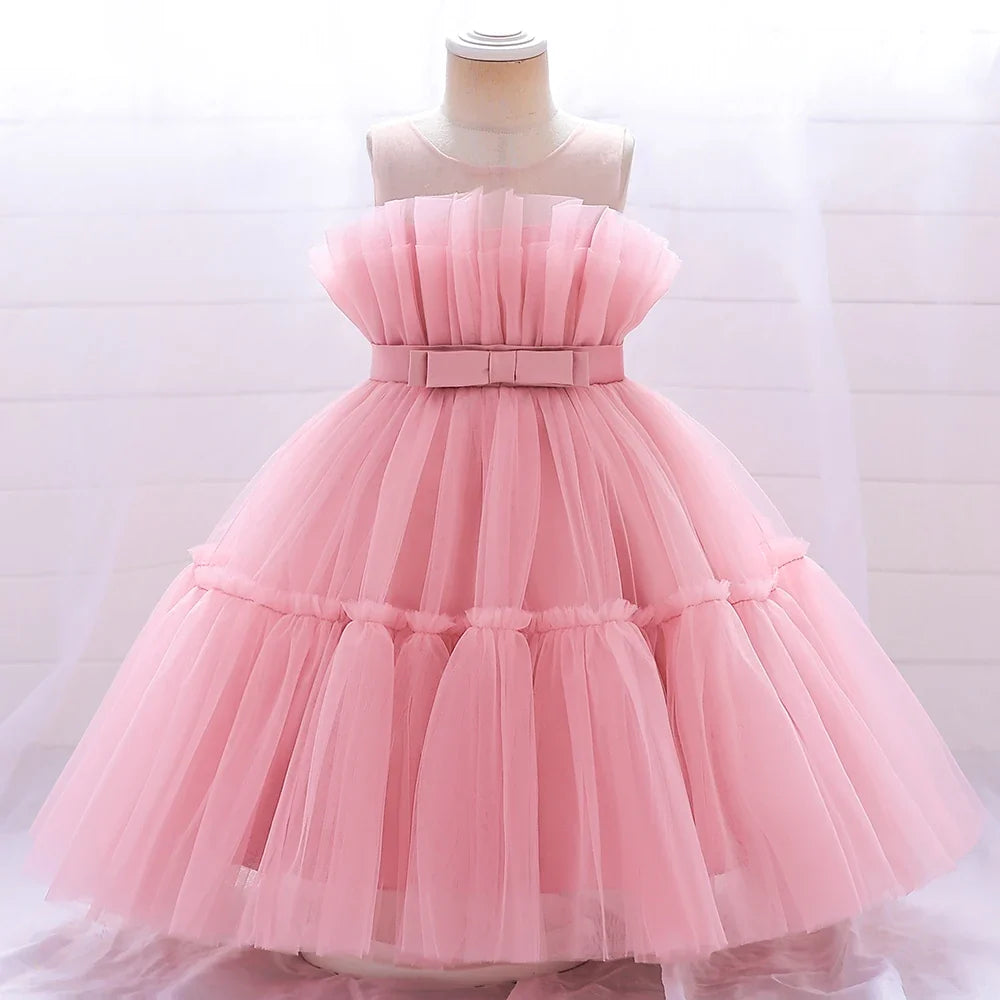 Elegant Ruffles Wedding Party Baby Girls Dress Tulle Pink Bow Bridemaid Princess Birthday Kids Dresses For Girl Evening Costumes