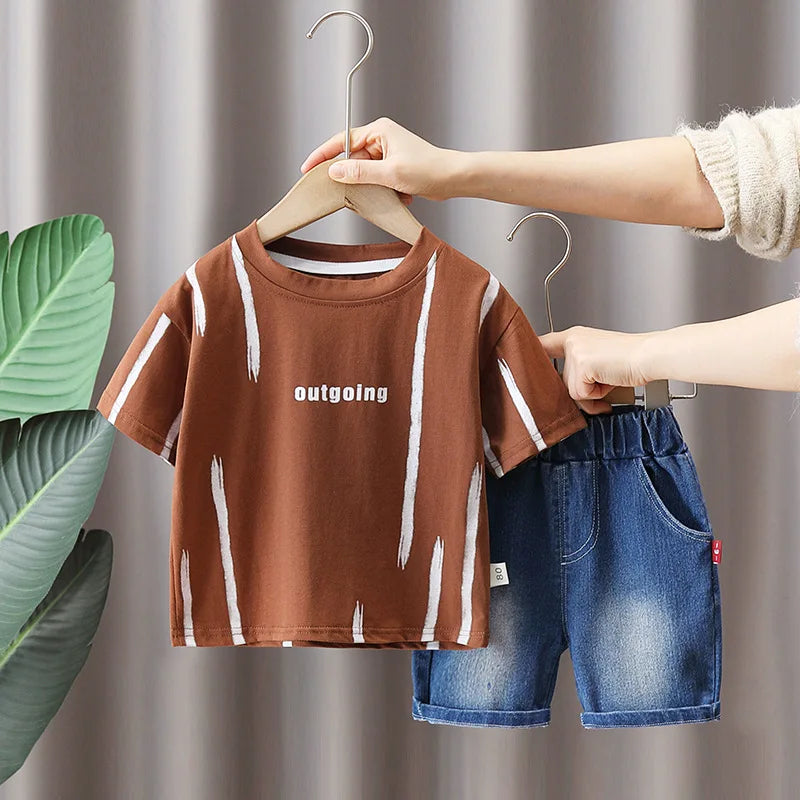 Hot Sale Baby Boys Clothes Children Cotton Printe Causal T Shirts Denim Shorts 2Pcs/set Infant Kids Toddler Tracksuits 0-5 Years