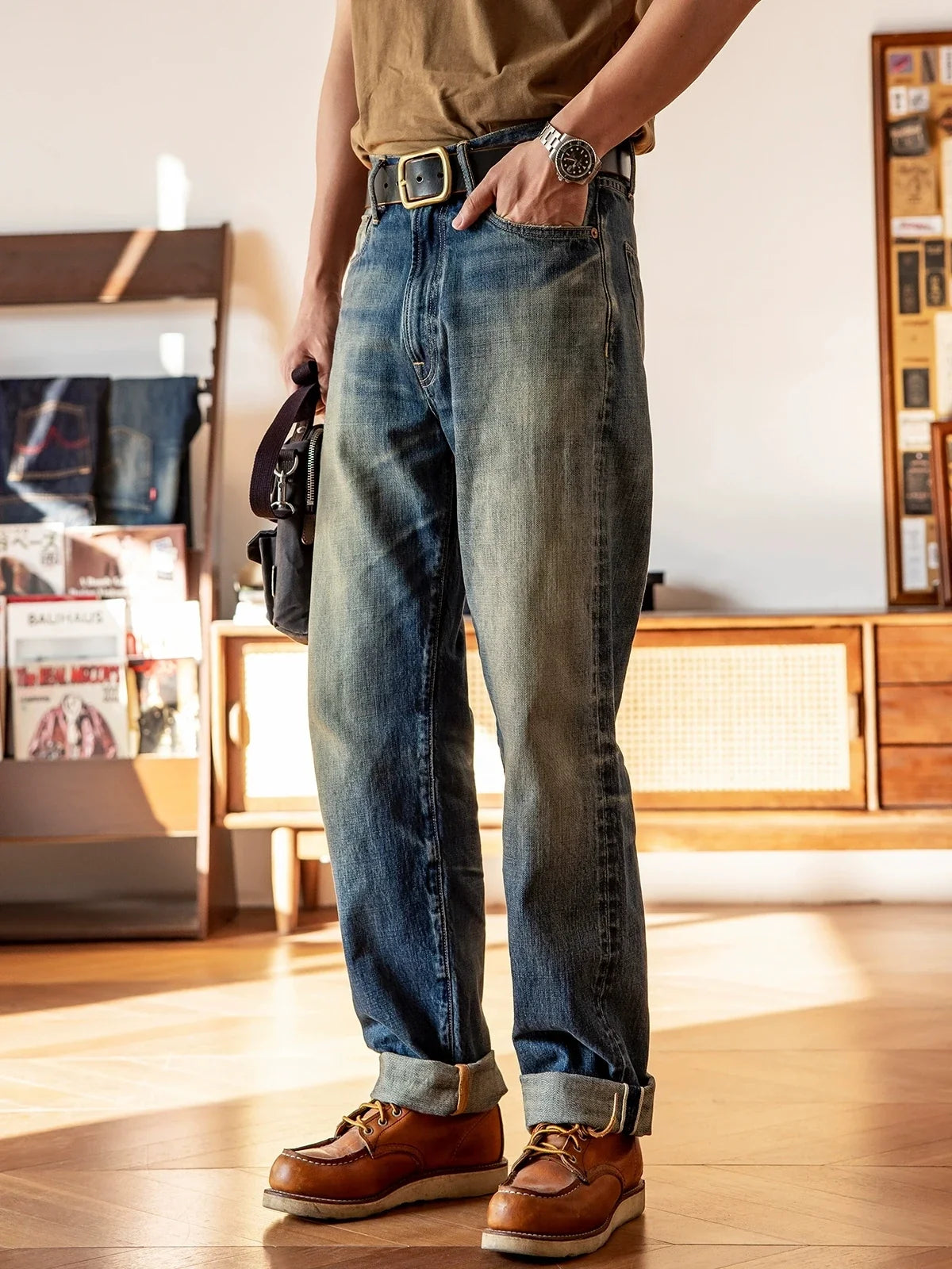 Good Quality  Washed Slim Fitting Denim Pants 100% Cotton Heavy Thick Jean 14oz