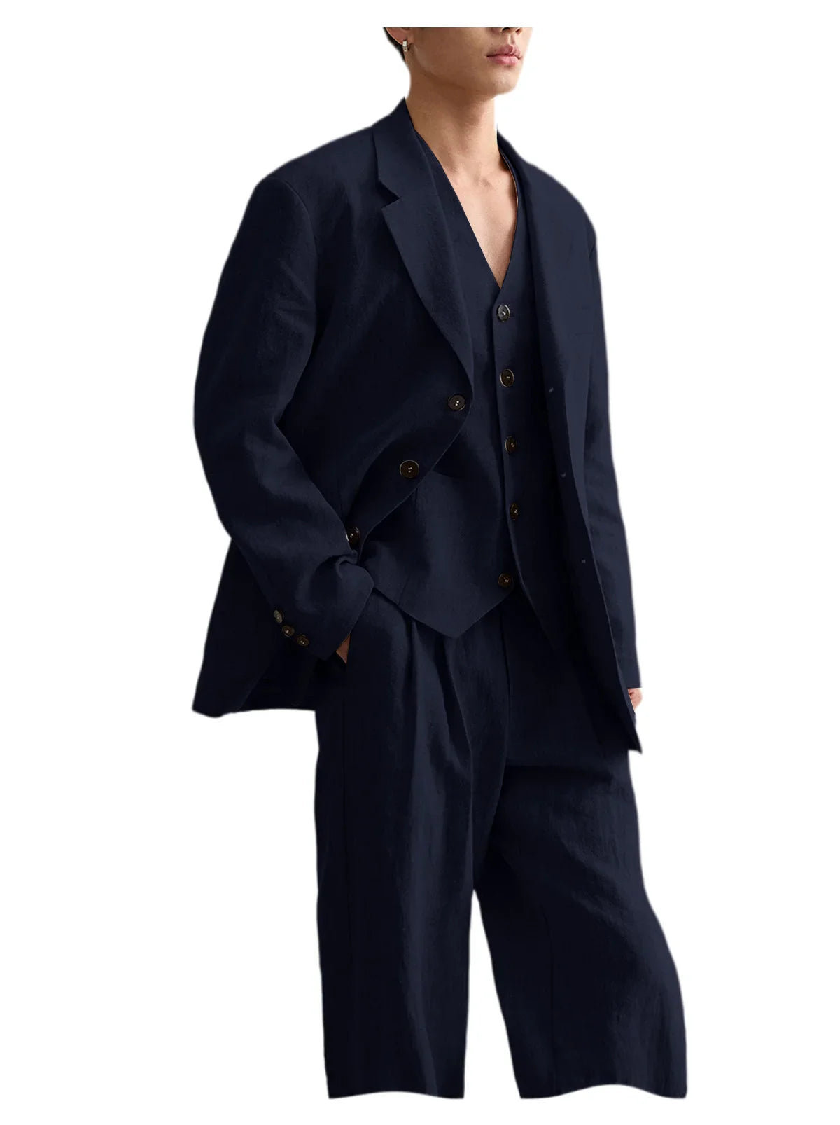 Men's Linen Suit Classic Notch Lapel 3 piece(Blazer+Vest+Pants)Breathable Wide Leg Trousers for Groom Spring Summer Party