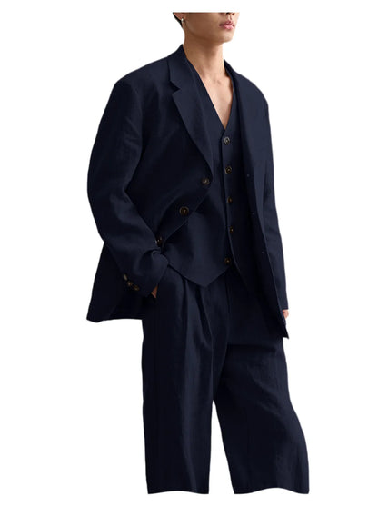 Men's Linen Suit Classic Notch Lapel 3 piece(Blazer+Vest+Pants)Breathable Wide Leg Trousers for Groom Spring Summer Party