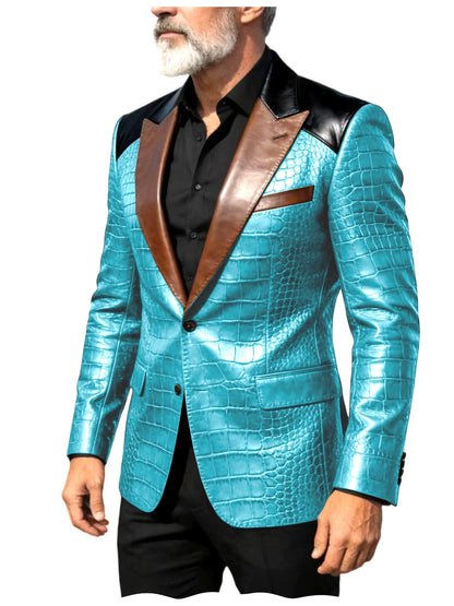 Men's Crocodile Embossed Leather Blazer Luxury Patchwork PU Leather Suit Jacket Slim Fit Peaked Lapel Casual Business Outerwear