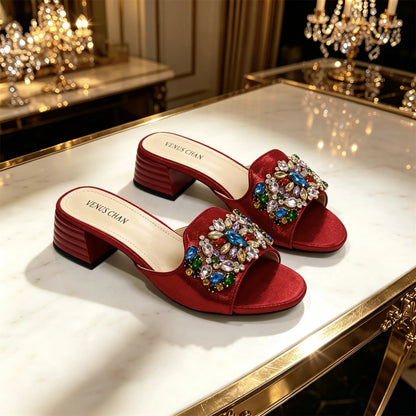 2026 Italian Luxury Dark Purple Rhinestone Sandals Matching Bag Set Women Peep Toe Block Heel Mules Ladies Evening