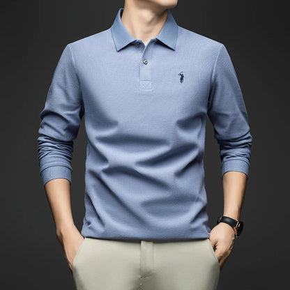 100% Pure Cotton Men's Long Sleeved Polo Shirt, Collar T-shirt, Spring and Autumn Top, No Ironing, Wrinkle Resistant Embroidery
