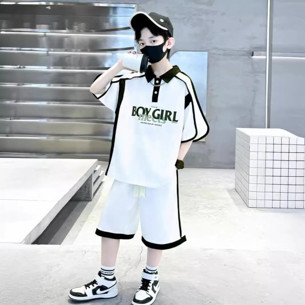 Summer Boys Patchwork Alphabet Preppy T-Shirt Tops+Drawstring Shorts Pant Set School Kids 2PCS Tracksuit Children Outfits 5-16Yr