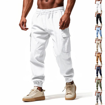 2026 New men's casual multi-pocket trousers male closed-placket tethered cotton and linen straight-leg leggings Men Mens