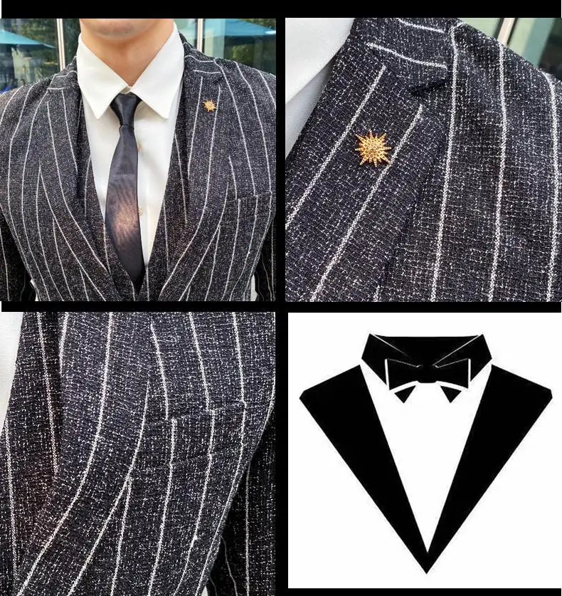 2023 Men's British Fashion Three-piece Set Slim Fit Suit Vest Trousers Ensemble Handsome Trendy All-in-one Banquet Blaze