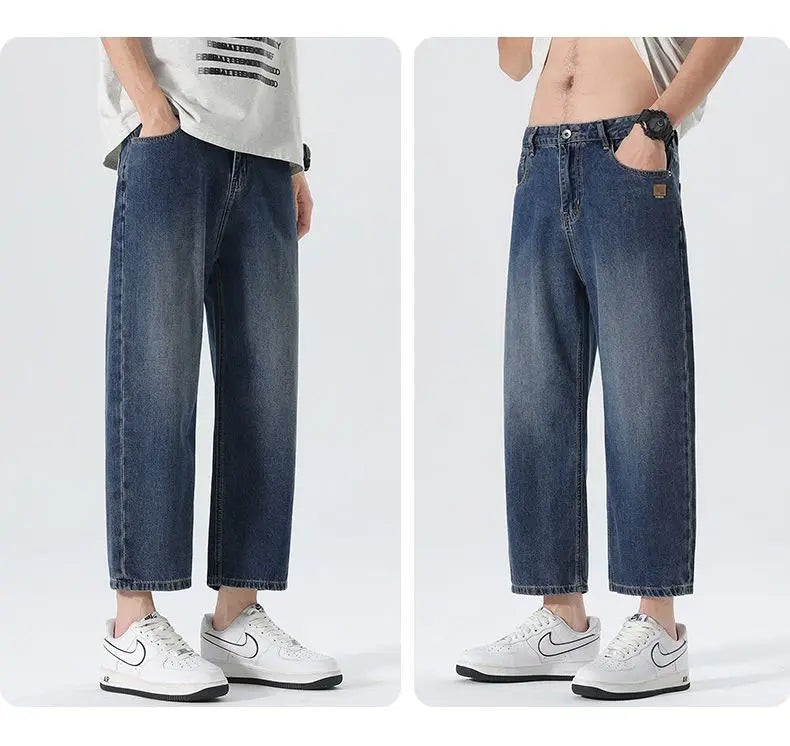 High Streets Spring Summer Men's Jeans American Retro Baggy Wide Leg Denim Pants Loose Solid Cotton Jeans Male Trendy Trousers
