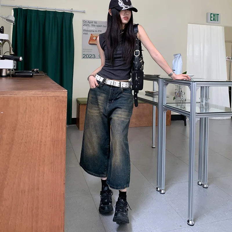 2024 American Vintage High Waist Mid Long Baggy Denim Shorts Women's Casual 2000s Y2K Wide Leg Grunge High Street Style Shorts