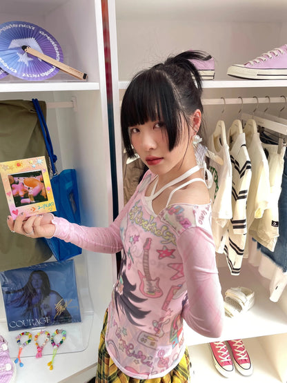 Karrram Japanese Y2k Anime Print Mesh Tops 2000s Aesthetics Pink Sheer Top Vintage Harajuku Kawaii See Through T-shirt Lolita