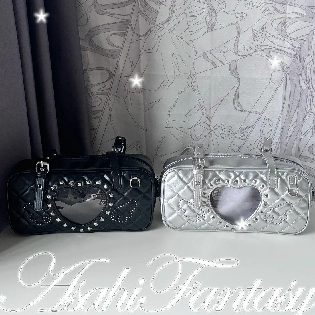 Pink Transparent Pocket Japanese Itabag Rivet Design Lolita Shoulder Bag PU Leather Harajuku Pain Bags Y2k Sweet Handbags Girls