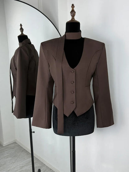 Single Breasted Coat Women's V Neck Scarf With Long Sleeve Waist-Cinching Blazer Jacket Lady Casual Slim Commute Coat