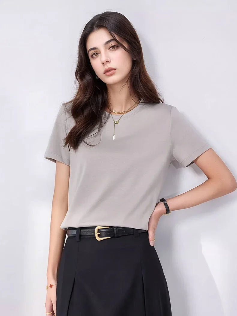 Women Solid T shirts, Silk Cotton Blend, O Neck, Short Sleeved Solid Tee,2025 Summer Candy Colors Basic Cozy Top Green