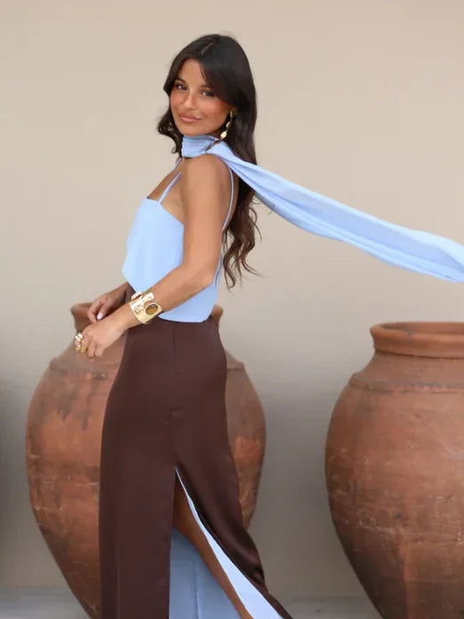 Fashion Color Block Spaghetti Strap Maxi Dress Women Elegant Halter Scarf  High Split Slim Vestidos 2026 New Daily Party Robes