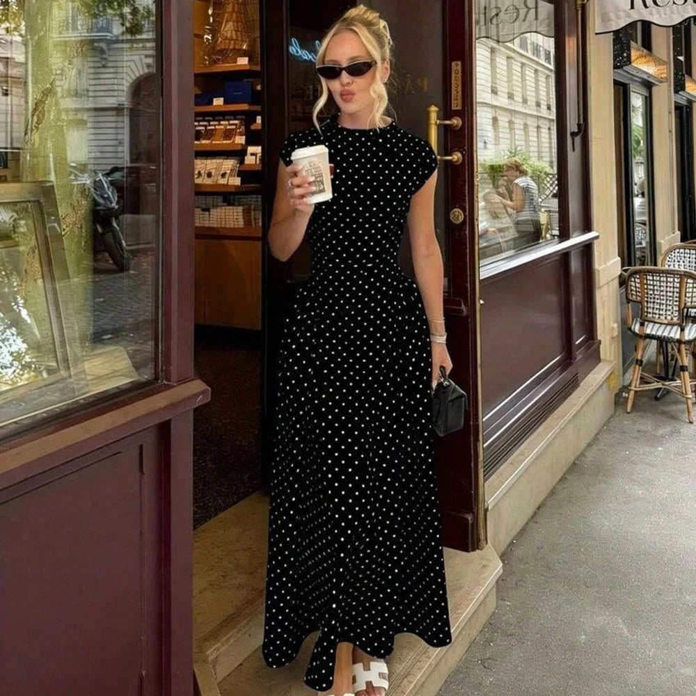 White Polka Dot Long Dress Summer Sexy High-Waisted Vintage Print Sleeveless Dress Casual Party Vacation New Women Dress