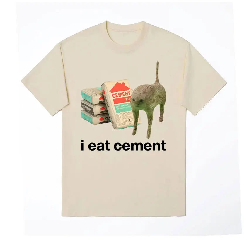 I Eat Cement Cursed Cat Funny Meme T Shirt for Men Women Fashion Casual Short Sleeve T Shirts Male Oversized Cotton T-shirt Tops