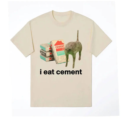 I Eat Cement Cursed Cat Funny Meme T Shirt for Men Women Fashion Casual Short Sleeve T Shirts Male Oversized Cotton T-shirt Tops