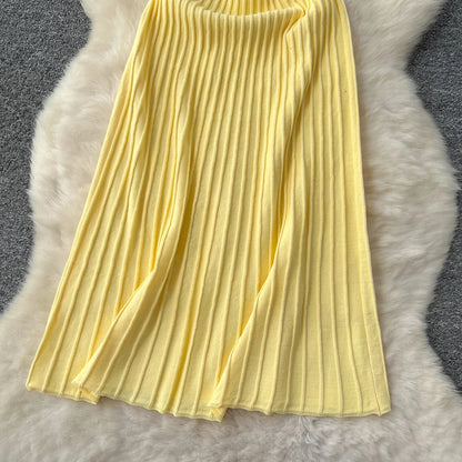 Knitted Pleated Long Dress High Waist Midi Sling Dress Elegant Sleeveless Yellow Dress Women Streetwear Black Bodycon Dress