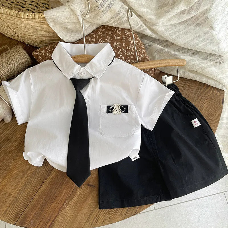 New Summer Baby Boy Gentleman Style Clothes Suit Shirt with Tie+Shorts 2Pcs/Set Infant Kids Fashion Toddler Clothing Tracksuits