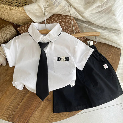 New Summer Baby Boy Gentleman Style Clothes Suit Shirt with Tie+Shorts 2Pcs/Set Infant Kids Fashion Toddler Clothing Tracksuits