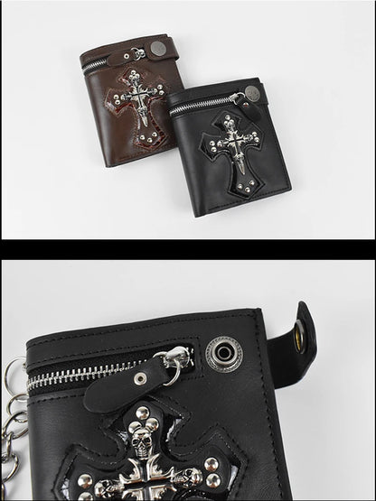 Sac à Main Rétro Punk Homme Nouveau 2025 Crâne Croix Portefeuille Pochette Chaîne Rivets Porte-cartes Vintage Rocker Multi-fonctions Mini Portefeuille