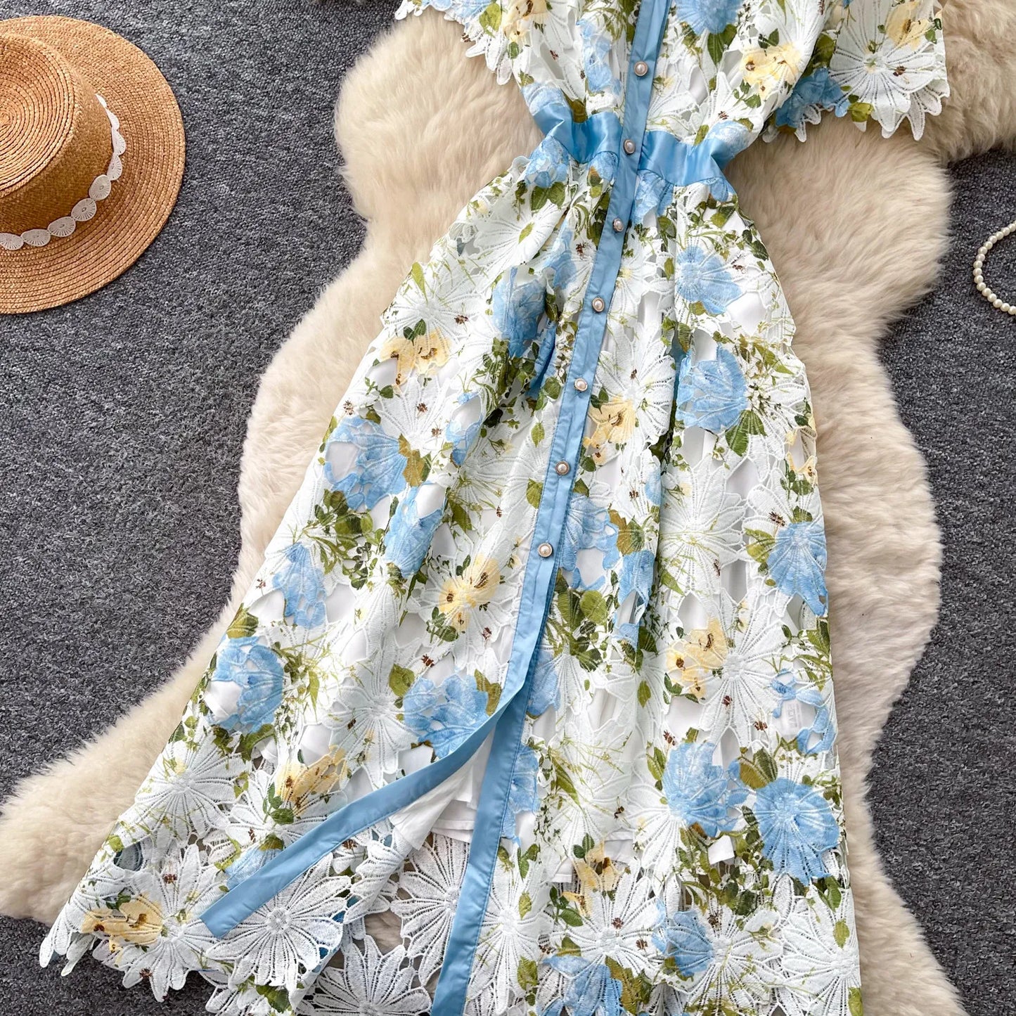 Embroidery Flower Vacation Dress French Style Blet Lapel Slim High Quality Hollow Out Ladies Elegant A-line Long Dress